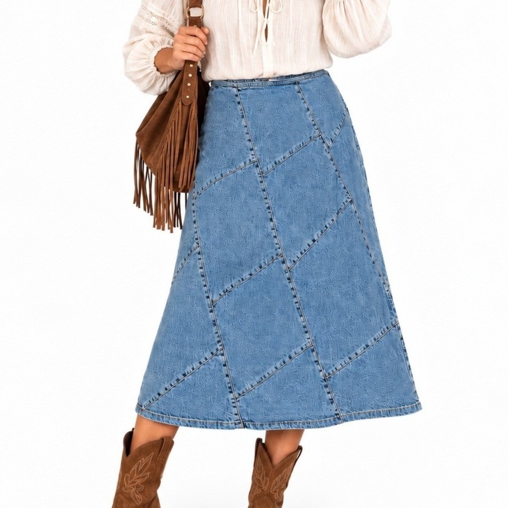 Y2K Isabella Bird Anthro Patchwork Denim Midi Skirt 8P Western Boho Cottage Folk